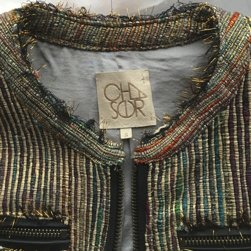 Chaser Silk Rainbow Metallic Tweed Bomber Jacket